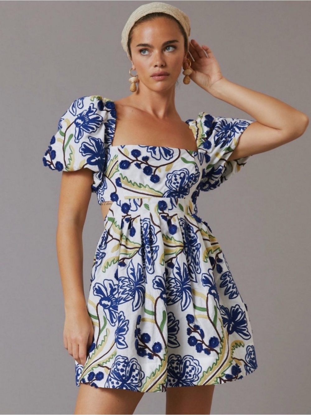 Anthropologie Embroidered Puff Sleeve Cutout Mini Dress White Blue XL Boho - Picture 3 of 9